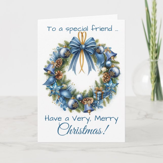 Tarjeta Festiva Christmas Wreath in Blue & Gold for Friend (Anverso)