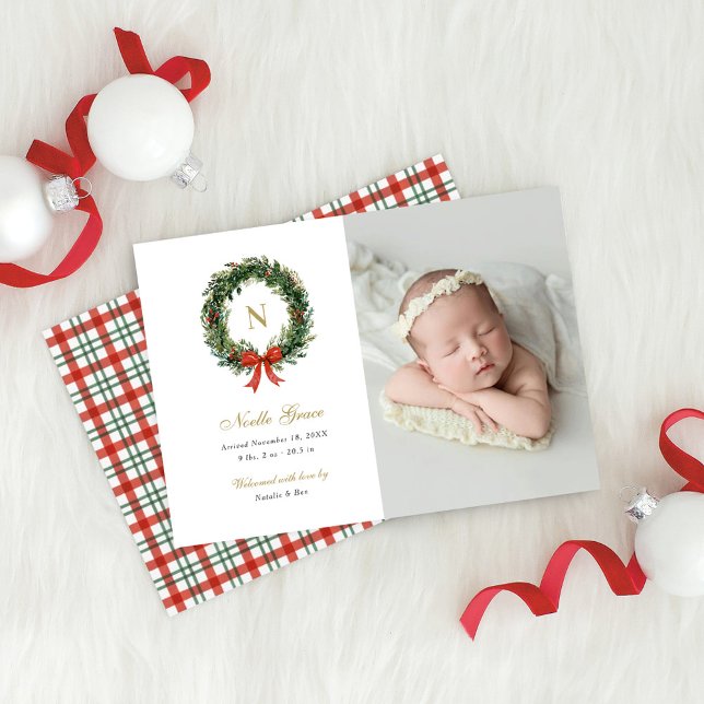 Tarjeta Festiva Christmas Wreath Newborn Girl Birth Photo (Subido por el creador)