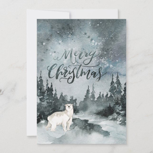 Tarjeta Festiva cielo acuático nocturno | Navidades del oso polar (Anverso)