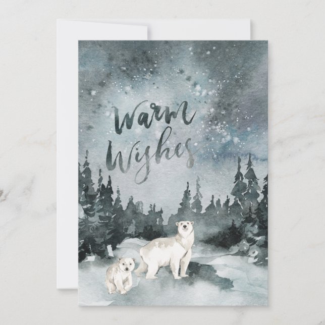 Tarjeta Festiva cielo acuático nocturno | Navidades del oso polar (Anverso)