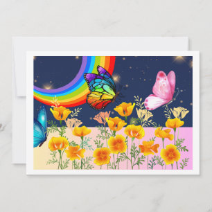 Tarjeta Festiva Cielo nocturno, arcoiris, mariposas y flores