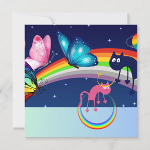 Tarjeta Festiva Cielo nocturno, dos gatos, mariposas y arcoiris