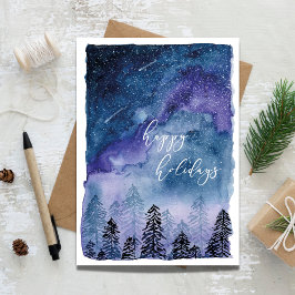 Tarjeta Festiva Cielo y bosque de acuarela | Felices Fiestas | 