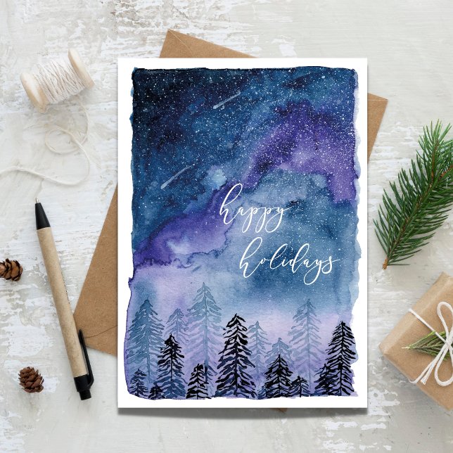 Tarjeta Festiva Cielo y bosque de acuarela | Felices Fiestas |  (Watercolor sky Christmas Sky, Happy Holidays)