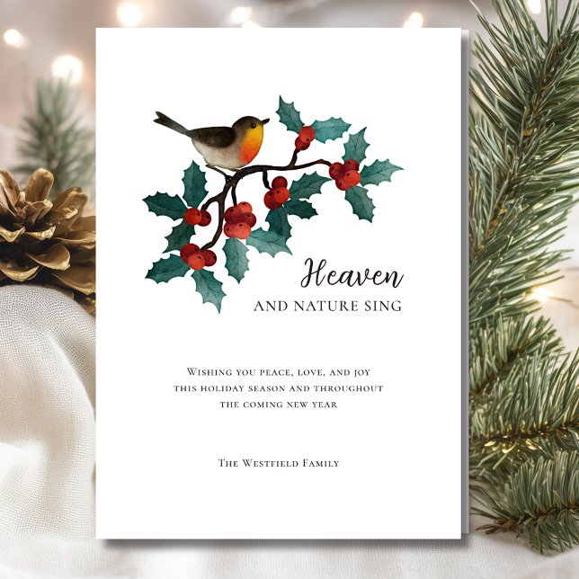 Tarjeta Festiva Cielo y naturaleza cantan Navidades de avispón de  (Heaven and Nature Sing Winter Bird Holly Christmas Holiday Card)