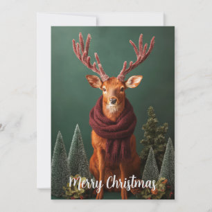 Tarjeta Festiva Ciervo Festivo con Bufanda Roja Arte Navideño
