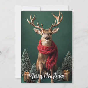 Tarjeta Festiva Ciervo Festivo con Bufanda Roja Arte Navideño