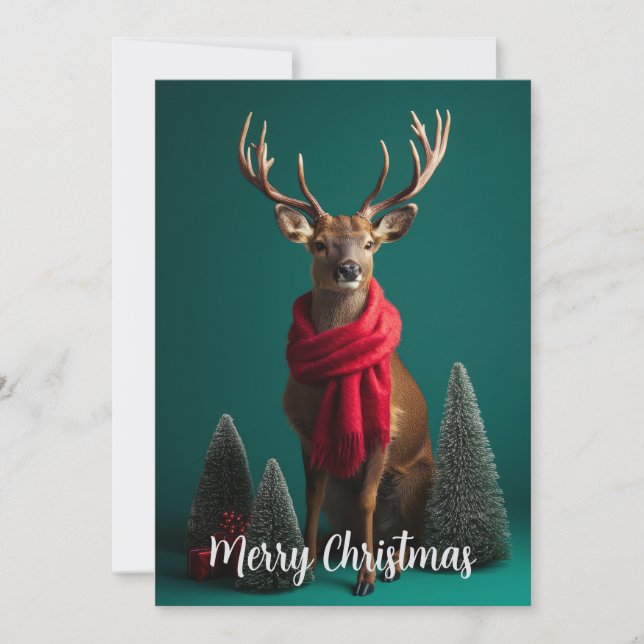 Tarjeta Festiva Ciervo Festivo con Bufanda Roja Arte Navideño (Anverso)