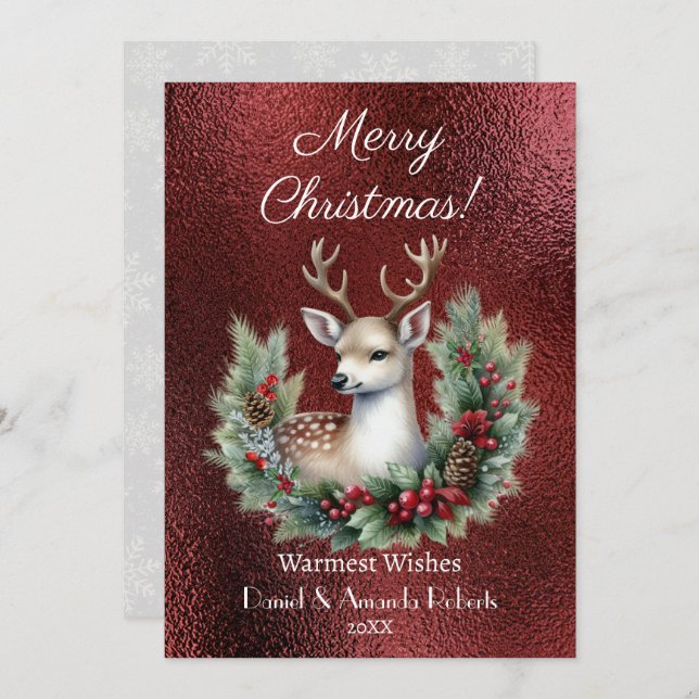 Tarjeta Festiva Ciervo Pacífico con Corona, Textura Roja Falsa (Anverso / Reverso)