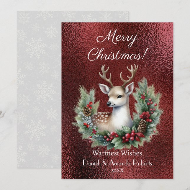 Tarjeta Festiva Ciervo Pacífico con Guirnalda, Textura Roja Falsa (Anverso / Reverso)