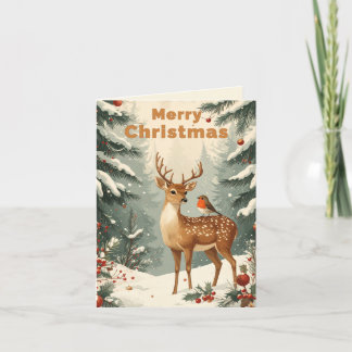 Tarjeta Festiva Ciervo y Petirrojo Navideño Vintage en Bosque Inve