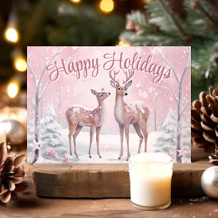 Tarjeta Festiva Ciervos en bosque invernal rosa Felices Fiestas