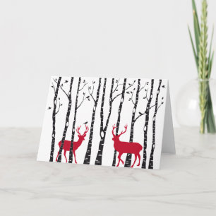 Tarjeta Festiva Ciervos rojos en bosque del árbol de abedul