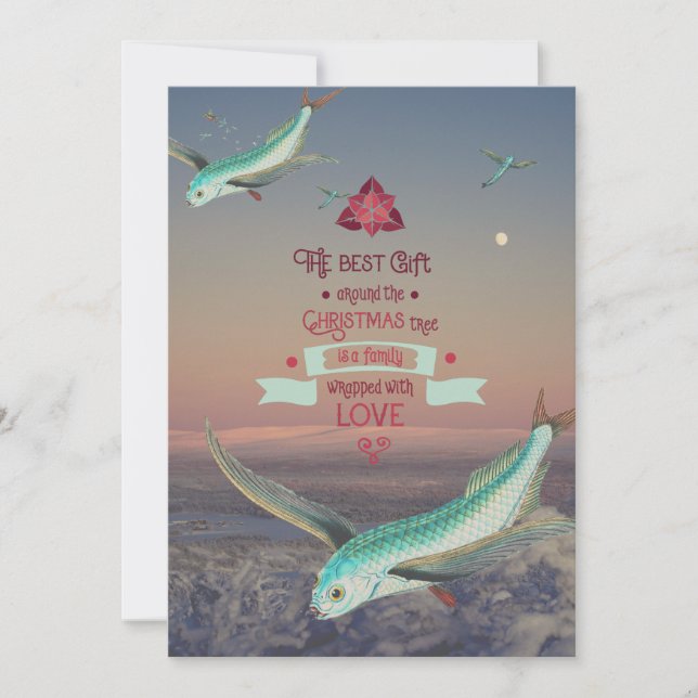 Tarjeta Festiva Cifras de Navidades de peces voladores surrealista (Anverso)