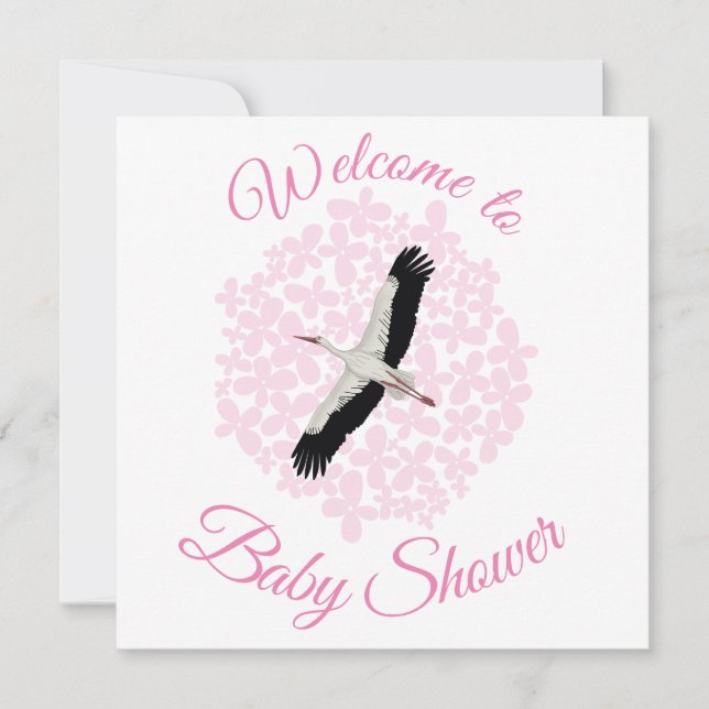Tarjeta Festiva Cigüeñas y flores rosadas Bienvenidos a Baby Showe (Anverso)