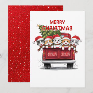 Tarjeta Festiva Cinco Navidades jolly Cats Red Truck