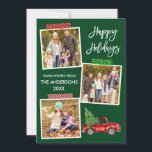 Tarjeta Festiva Cinta Cinta Cinta Cinta Cinta Cinta Cañada Camión<br><div class="desc">La moderna tarjeta de vacaciones Felices Fiestas 3 Collage de fotos con guión de pincel incluye Cinta de artesanías y Camión Rojo Vintage de color de agua con árbol de Navidad. Fondo verde forestal.</div>