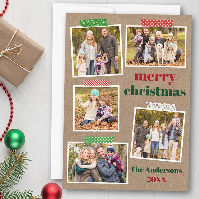 Tarjeta Festiva Cinta de arte Merry Christmas 5 Photo Kraft (Customize to add text to back of card.)