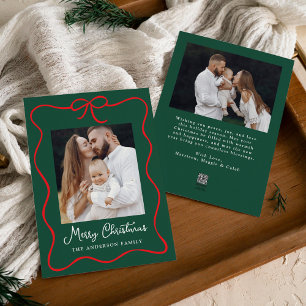 Tarjeta Festiva Cinta de Lazo Rojo Elegante Verde 2 Foto