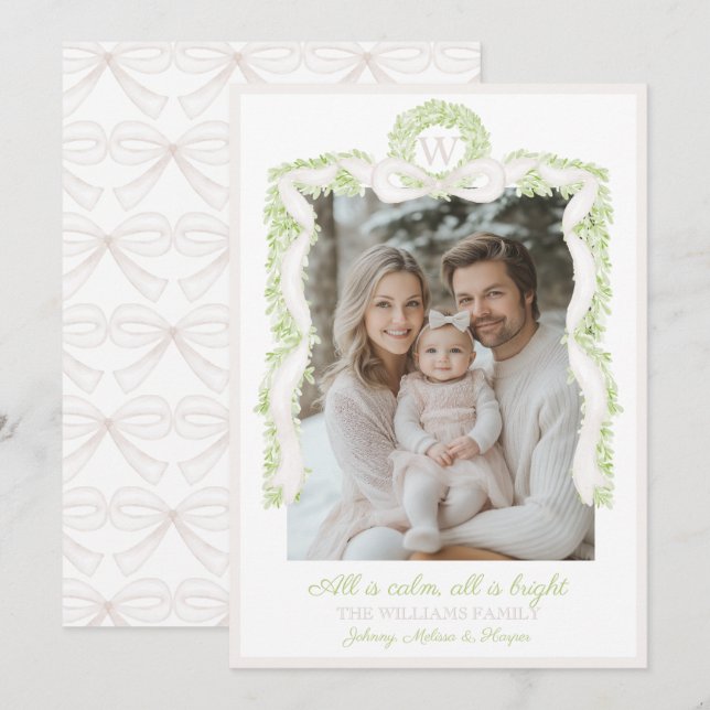 Tarjeta Festiva Cinta de lazo rosa Preppy Grandmillennial  (Anverso / Reverso)