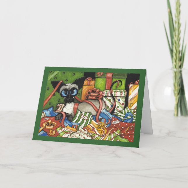 Tarjeta Festiva Cinta de Navidades siameses de gato por Bihrle (Anverso)
