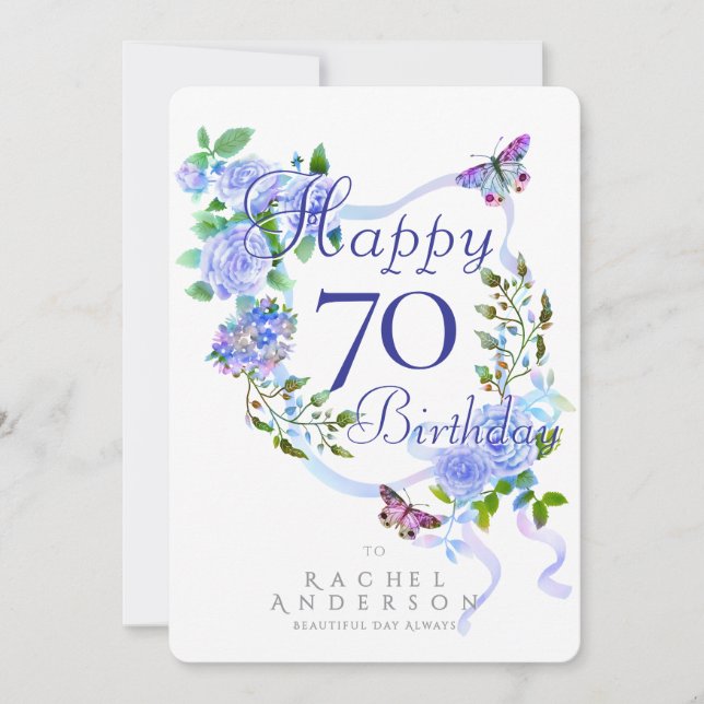 Tarjeta Festiva Cinta de Rosa Azul 70 Cumpleaños (Anverso)