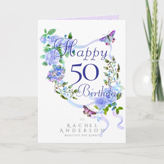 Tarjeta Festiva Cinta de Rosa Azul Cumpleaños (Anverso)
