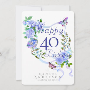Tarjeta Festiva Cinta de Rosa Azul Cumpleaños 40