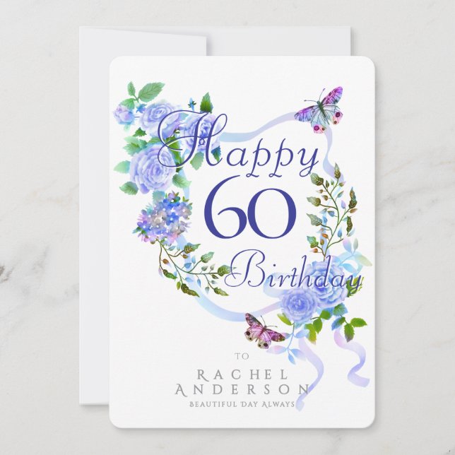 Tarjeta Festiva Cinta de Rosa Azul Cumpleaños 60 (Anverso)