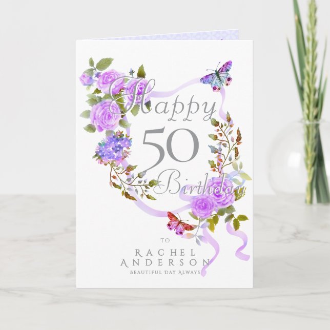 Tarjeta Festiva Cinta de Rosa Púrpura Cumpleaños (Anverso)