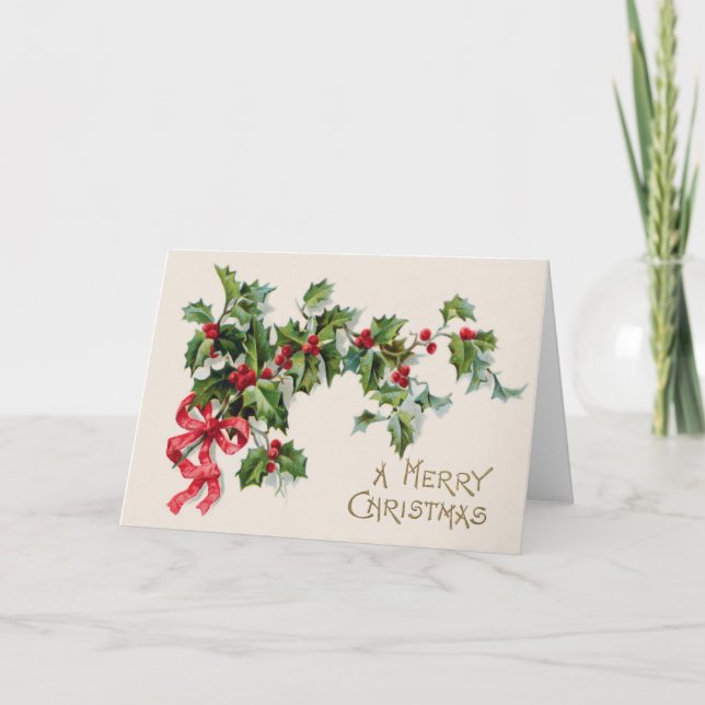 Tarjeta Festiva Cinta del rojo del Winterberry del acebo (Anverso)
