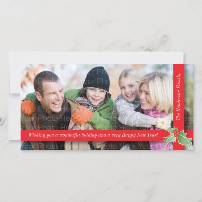 Tarjeta Festiva Cinta festiva del acebo: Rojo (Anverso)