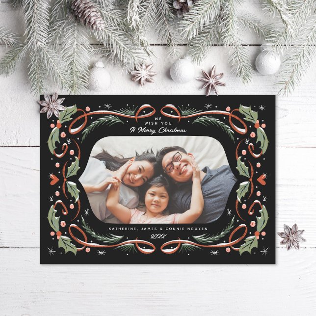 Tarjeta Festiva Cinta roja Corazón Holly y foto de pino (Subido por el creador)