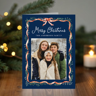 Tarjeta Festiva Cinta Roja Elegante y Verde Navideño Foto Azul Mar
