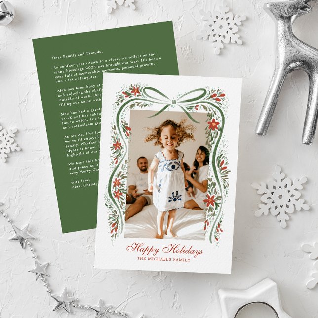 Tarjeta Festiva Cinta verde festiva con Poinsettias y vegetación (Subido por el creador)