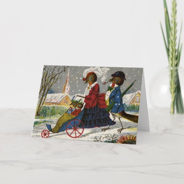 Tarjeta Festiva Circa 1870: La familia del petirrojo toma un paseo (Anverso)