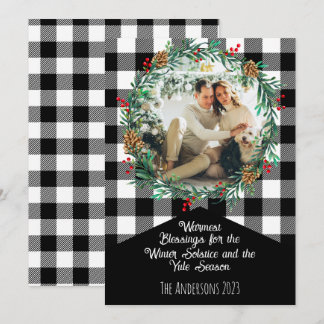 Tarjeta Festiva Círculo de Foto de Plaid de Búfalo Negro Yule Sols