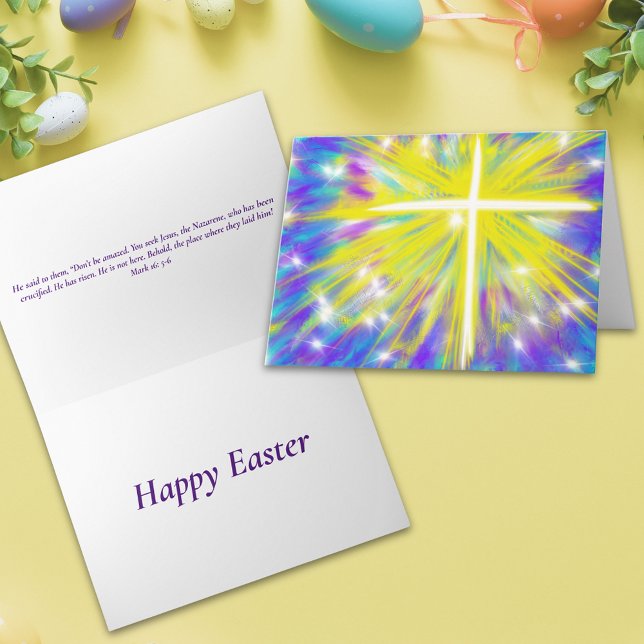Tarjeta Festiva Cita bíblica de la cruz de la resurrección de Pasc (Happy easter abstract art resurrection cross religious folded holiday card Bible quote )