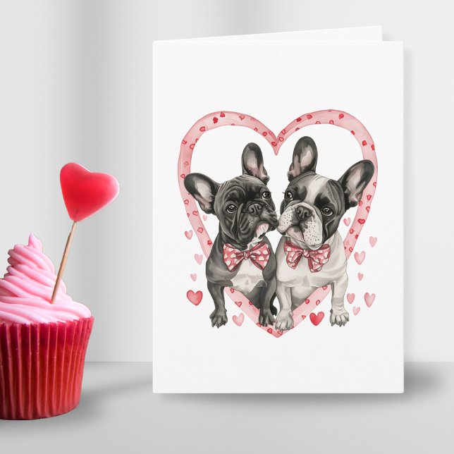 Tarjeta Festiva Cita de amor para Día de San Valentín de Bulldog f (french bulldog couple in love cute valentines day heart red pink card for dog parents in watercolor)