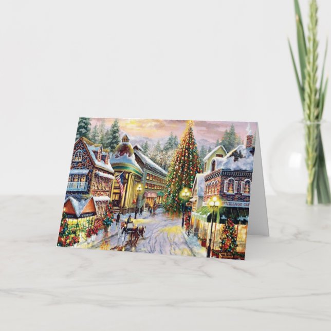 Tarjeta Festiva Ciudad navideña vintage (Anverso)