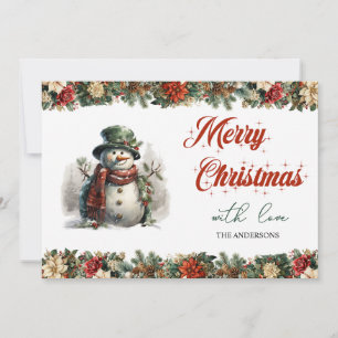 Tarjeta Festiva Clásica acuarela lindo snowman y berry hollín