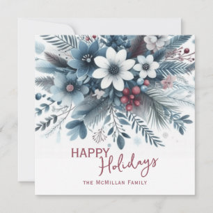 Tarjeta Festiva Clásica Corona Floral de Azul Teal Oscuro y Rojo p