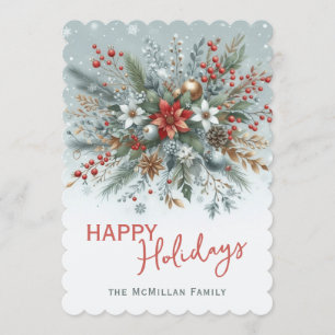 Tarjeta Festiva Clásica Corona Floral Rojo Oscuro Turquesa Azul Ve