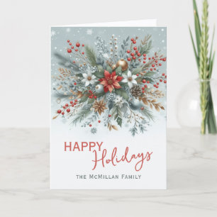 Tarjeta Festiva Clásica Corona Floral Rojo Oscuro Verde Azul Teal