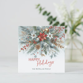 Tarjeta Festiva Clásica Corona Floral Rojo Oscuro Verde Azul Teal