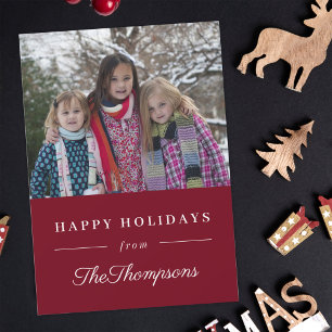 Tarjeta Festiva Clásica Foto Familiar de Felices Fiestas en Rojo