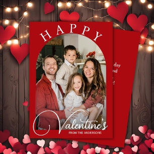 Tarjeta Festiva Clásica foto familiar de San Valentín de color roj
