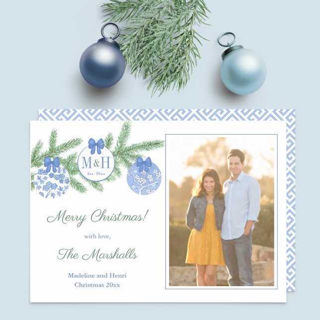 Tarjeta Festiva Clásico 1 Navidades casados Imagen de recién casad (Our First Christmas Blue And White Chinoiserie ornaments monogram photo Holidays card)