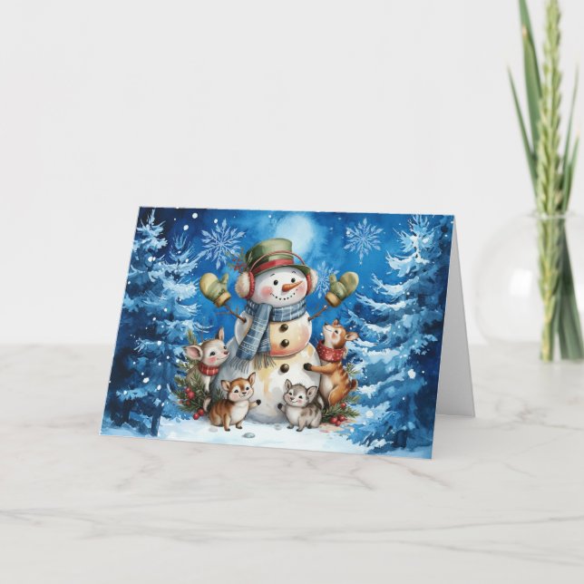 Tarjeta Festiva Clásico animador de invierno azul Snowman y Woodla (Anverso)