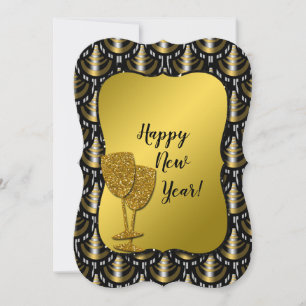 Tarjeta Festiva Clásico Año Nuevo dorado, plateado y negro